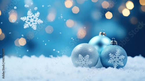 Blue Christmas Baubles and Snowflakes on a Holiday Background