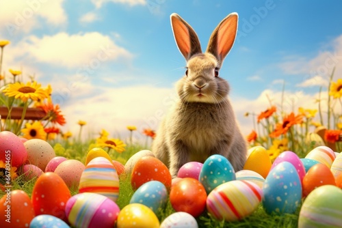 adorable bunny surrounded by vibrant Easter eggs under a stunning sky. Generative AI
