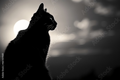 Cat silhouette against setting sun. Monochrome photo. Evening serenity. Design for canvas print, poster, or banner with copy space for text © dreamdes