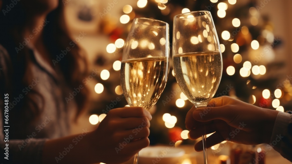 Celebrating Christmas with Champagne Glasses: Close-Up Toast with  and Cheerful People