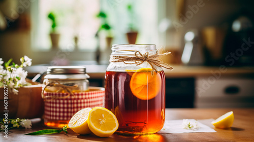 Kombucha in the kitchen on the table. Generative AI,