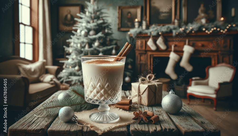 American eggnog, a creamy festive drink, served in a crystal glass with a sprinkle of nutmeg and cinnamon stick, placed on a weathered wooden table with vintage decorations.