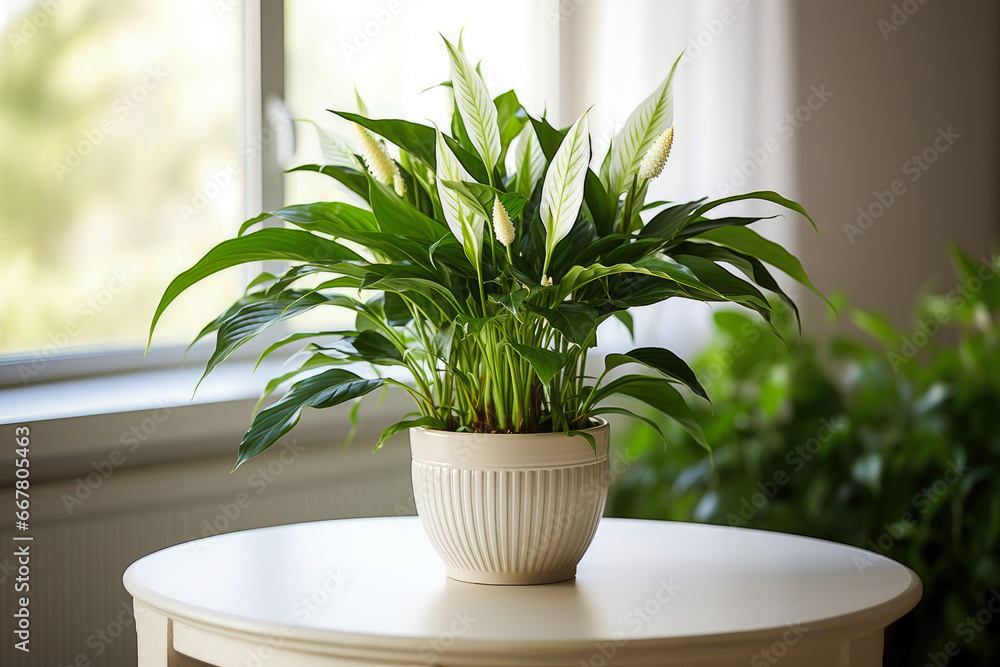 Lush peace lily in a striped ceramic pot, beautifully placed on a white table by a sunlit window, enhancing interior decor.