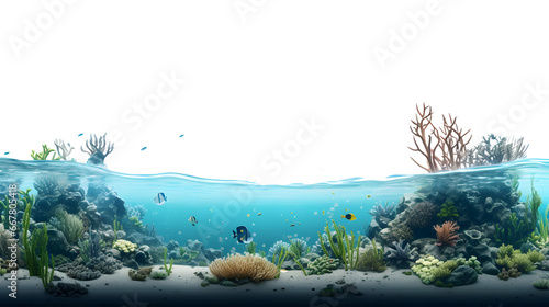 Ocean underwater with corals and seaweed on transparent background. Generative AI