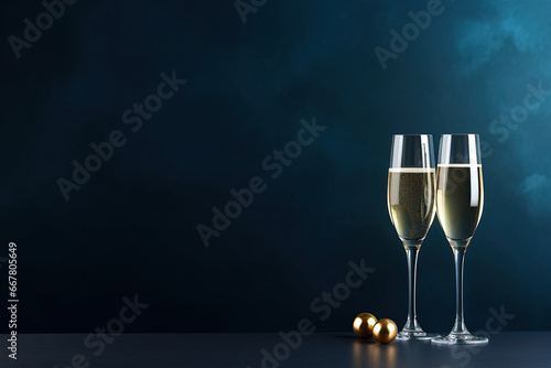 a minimalistic sylvester blue background two champagne glasses, with empty copy space, 