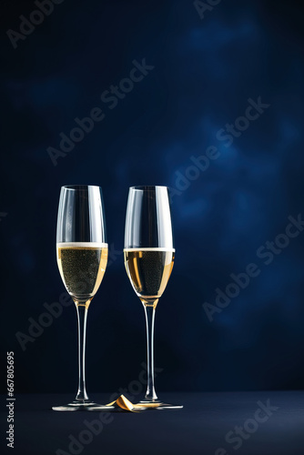 a minimalistic sylvester blue background two champagne glasses, with empty copy space, 