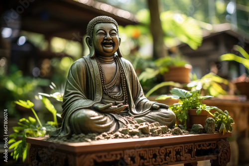Smiling Buddha statue on a detailed wooden table, surrounded by lush greenery in a peaceful garden setting. photo