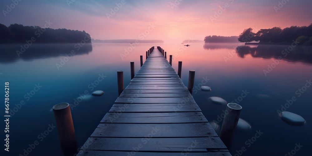 Fototapeta premium AI Generated. AI Generative. Dock wooden pier at sunset. Romantic relaxing vibe background. Lake outdoor peace landscape.