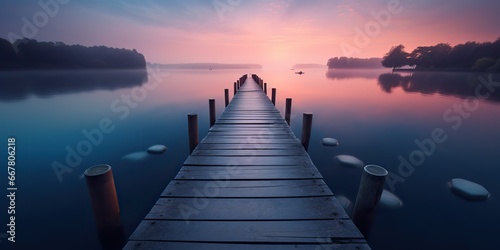 AI Generated. AI Generative. Dock wooden pier at sunset. Romantic relaxing vibe background. Lake outdoor peace landscape.