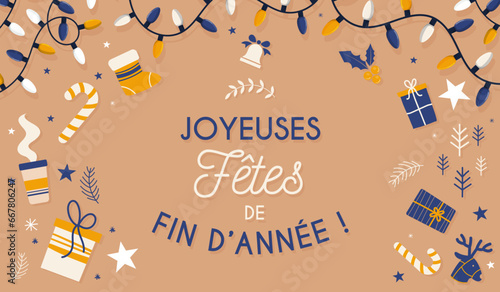 Bannière - Joyeux fêtes de fin d'année - Éléments vectoriels festifs autour des fêtes de Noël - Illustrations et titres décoratifs élégants pour les vacances d'hiver - Vœux et souhaits 