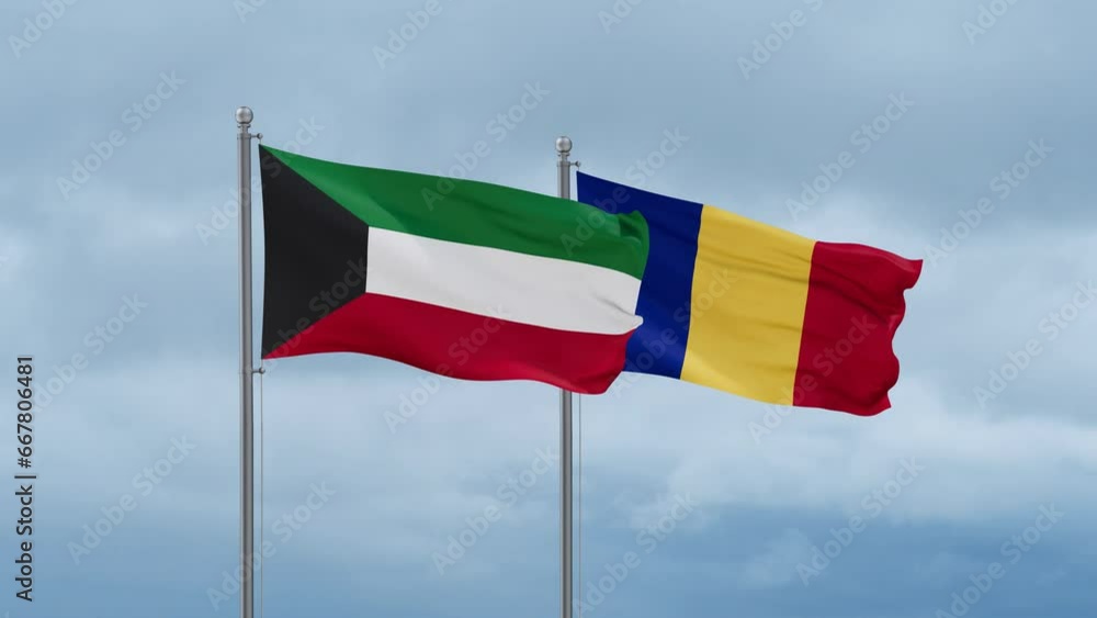 Chad flag and Kuwait flag waving together on cloudy sky, endless seamless loop, two country relations concept Chad flag and Kuwait flag waving together on cloudy sky, endless seamless loop, two country relations concept