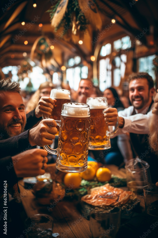 Oktoberfest, Munich. Beer mugs on the table, People drink beer and have fun. Generative AI,