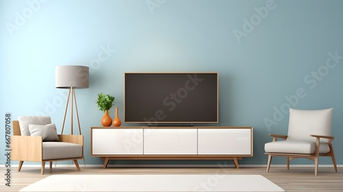 Modern living room with lamp and sofa against tv on top of wooden cabinet, generative AI. © Yacine