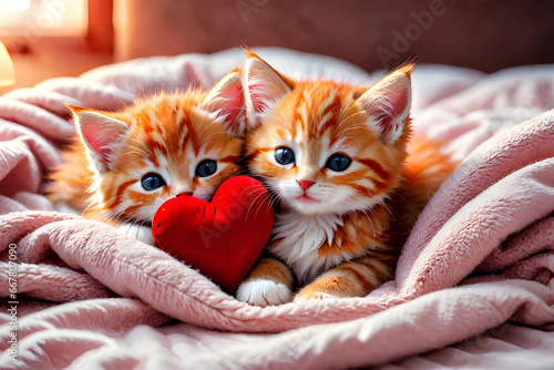Cute little ginger tabby kittens in a fluffy light blanket and a small red plush heart. Image for a veterinary clinic or pet store. photo created using the Playground AI platform.