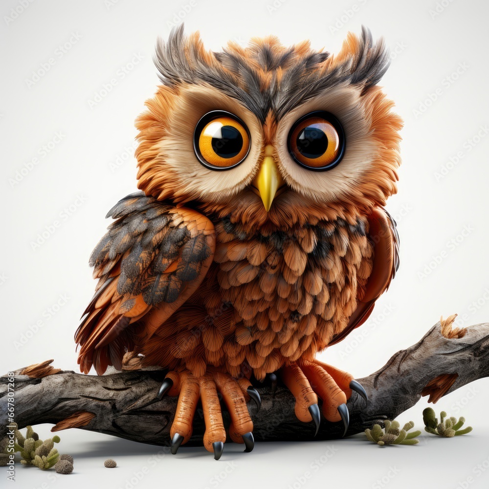 Fototapeta premium Owl , Cartoon 3D , Isolated On White Background 