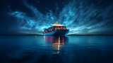 Ship carrying containers in the middle of the sea, blue galaxy sky, red ship, generative AI.