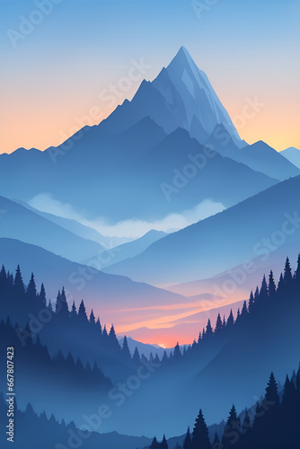 Misty mountains at sunset in blue tone, vertical composition © Thanh