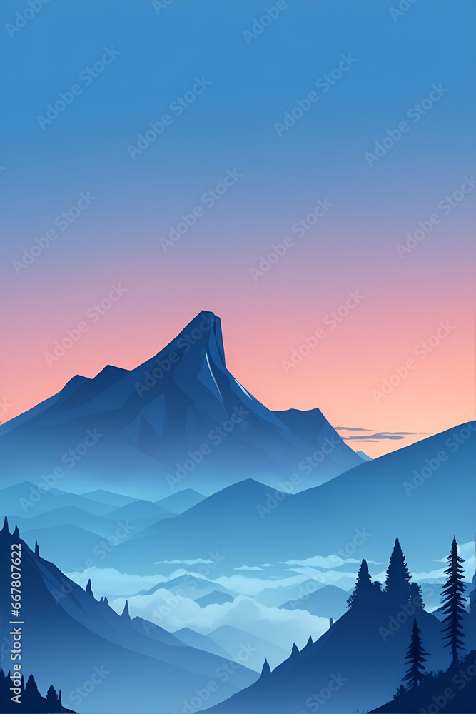 Misty mountains at sunset in blue tone, vertical composition