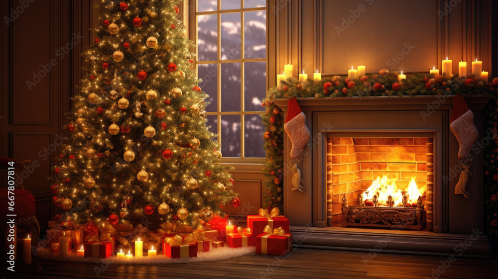 Christmas interior. A room with a Christmas tree on the fireplace. New Year's background. Christmas interior. A room with a Christmas tree on the fireplace. New Year's background.