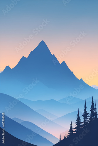 Misty mountains at sunset in blue tone, vertical composition © Thanh