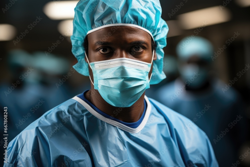 Portrait of an african american surgeon in a medical mask in a hospital operating room. Portrait of an african american surgeon in a medical mask in a hospital operating room.
