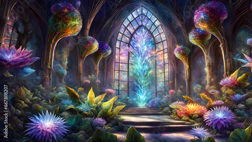 stained glass window in garden of future vibrant colors