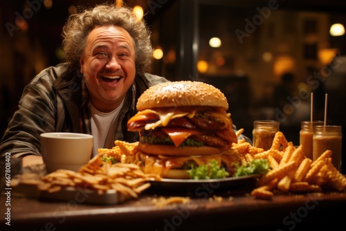 Overweight middle-aged man joyfully indulging in a substantial fast-food meal at a restaurant. photo
