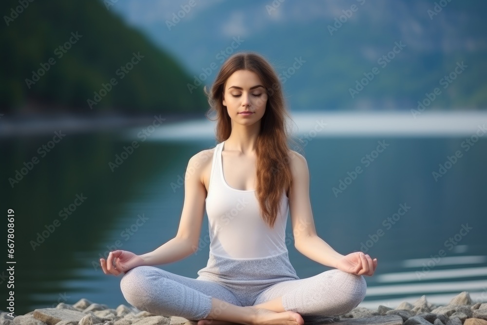 A woman is meditating outdoors. Sitting in lotus position