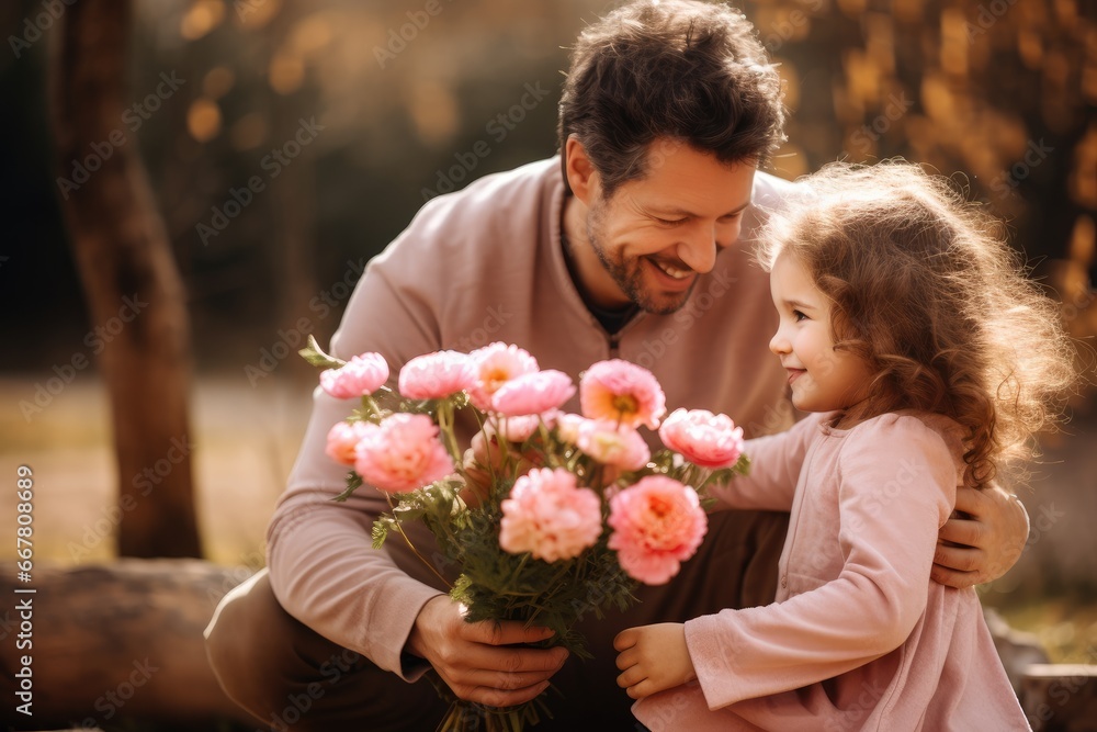 Father gives flowers to his daughter. St. Valentine's Day Father gives flowers to his daughter. St. Valentine's Day