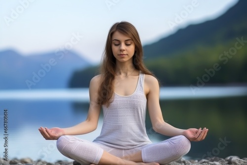 A woman is meditating outdoors. Sitting in lotus position