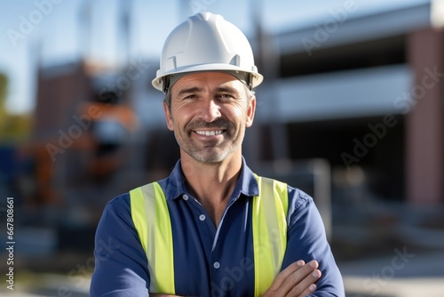 Portrait of an adult male builder in a hard hat