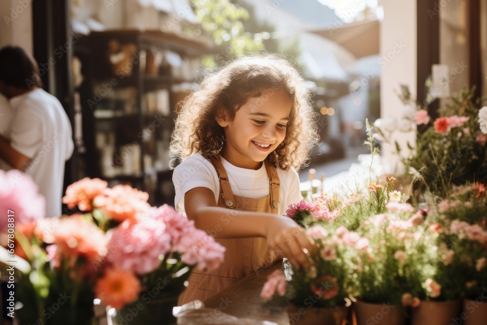 Girl in a flower shop helps to collect bouquets of flowers Girl in a flower shop helps to collect bouquets of flowers