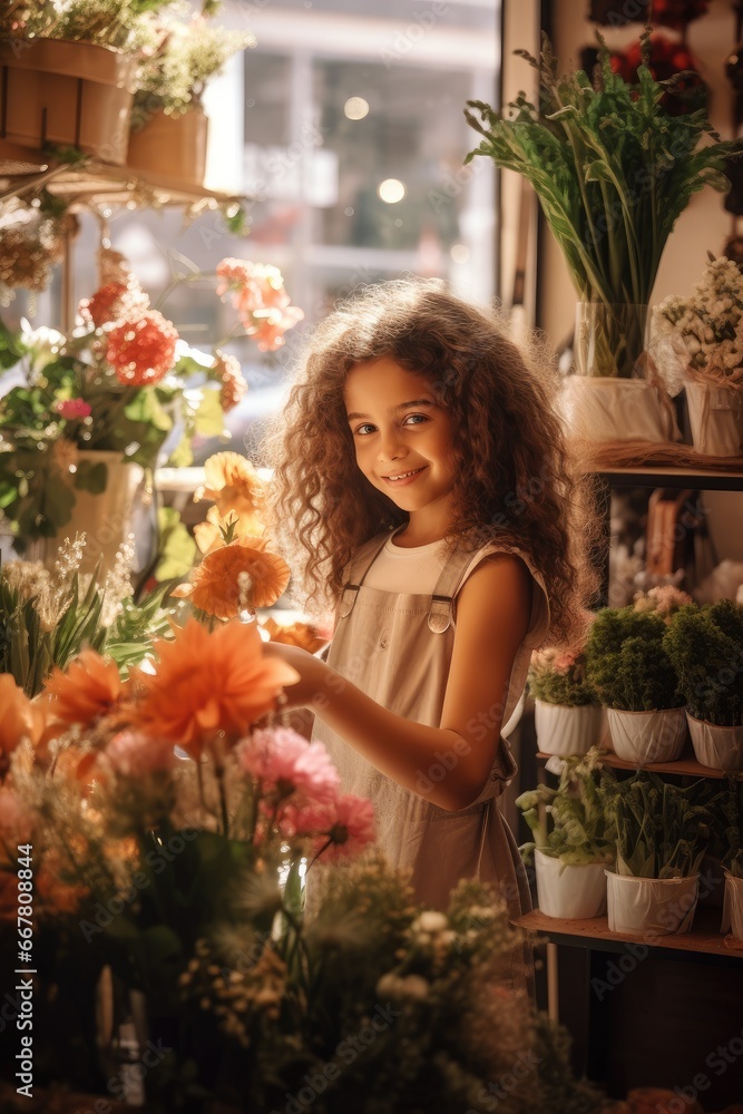 Girl in a flower shop helps to collect bouquets of flowers