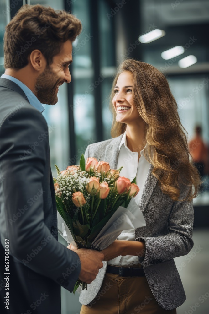 A man at work gives flowers to a woman A man at work gives flowers to a woman