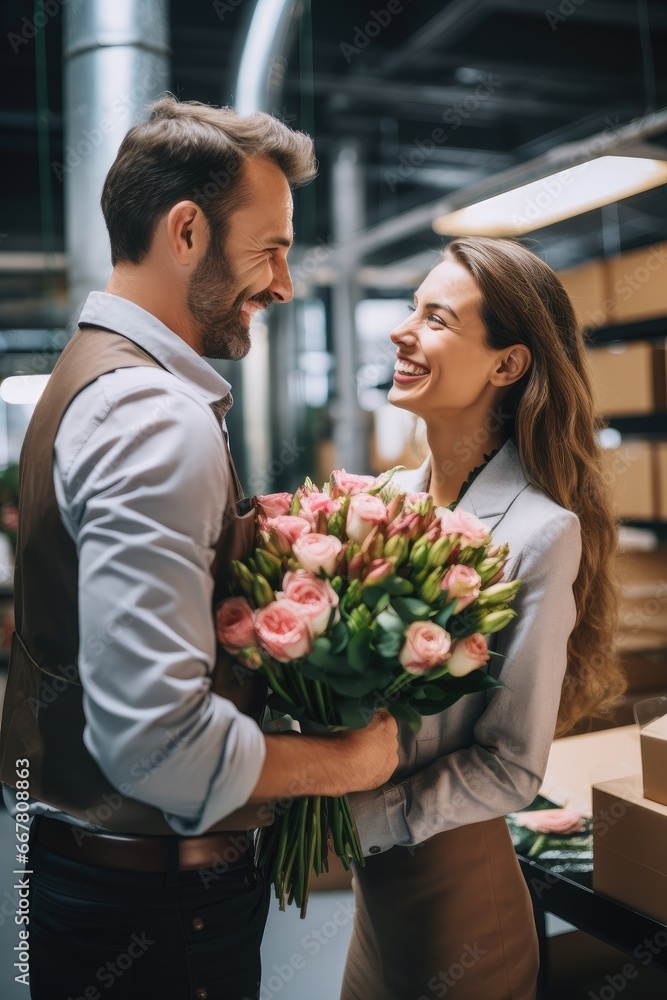 A man at work gives flowers to a woman A man at work gives flowers to a woman