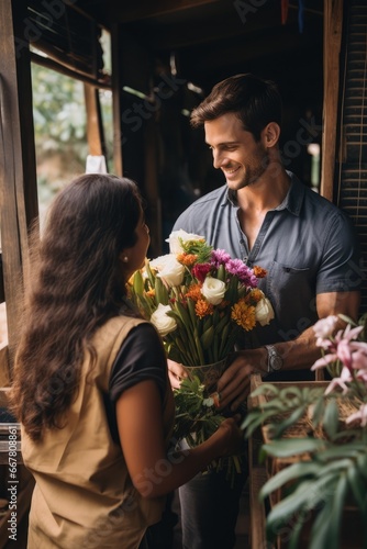 A man at work gives flowers to a woman