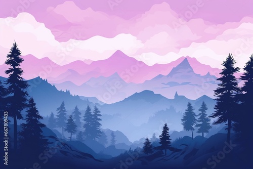 Mystical scenery with mist  forest silhouette  mountains  fog  nature background  pink and violet illustration. Bookmark. Generative AI