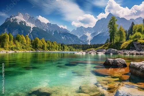 Vivid summer lake view in Udine, Italy. Majestic Julian Alps with Mangart peak in the background. Generative AI