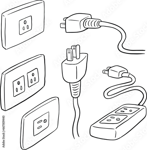 set of plugs, three prong plug, types of electrical plugs, switch. illustrations, line vector set 