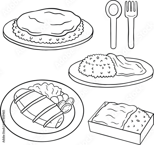 set of omelette rice, scrambled eggs, topped with sauce tomato. illustrations, line vector set 