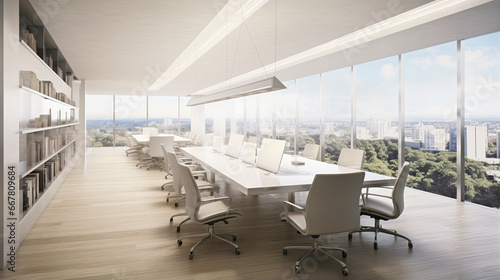 Modern corporate boardroom with white elements overlooking the park and city