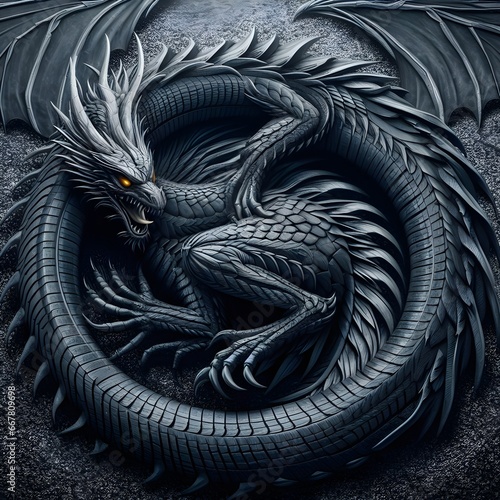 Dragon made of car tires. Motorcycle tire. Auto Racing Symbol. Tire tread texture. Dragon inscribed in a circle. Chinese dragon symbol of  year. 