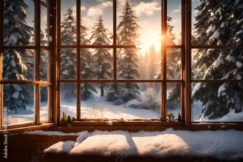 A warmly lit window with a view of a snowy world outside.