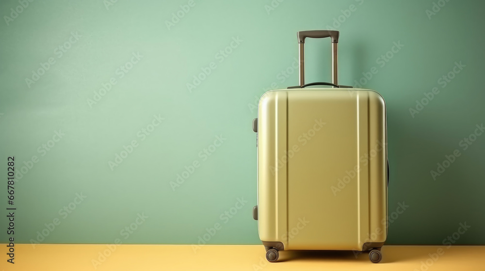 Green suitcase on a green background. Copy space Green suitcase on a green background. Copy space