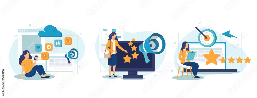 Obraz premium Customer behavior analysis abstract concept vector illustration set. Data driven marketing, user feedback and website rating, online survey, user data, marketing research tool abstract metaphor. 