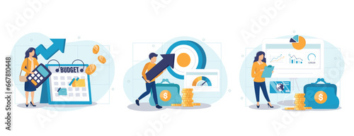 Cost optimization concept set. Idea of financial and marketing strategy. Cost and income balance. Spending and cost reduction, while maximizing business value. Isolated flat illustration vector	
