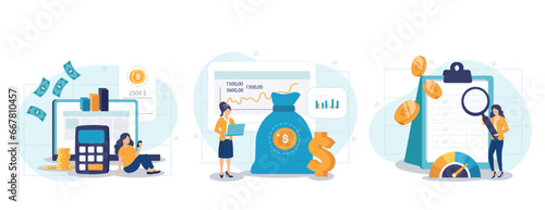 Cost optimization concept set. Idea of financial and marketing strategy. Cost and income balance. Spending and cost reduction, while maximizing business value. Isolated flat illustration vector 