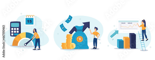 Cost optimization concept set. Idea of financial and marketing strategy. Cost and income balance. Spending and cost reduction, while maximizing business value. Isolated flat illustration vector	
