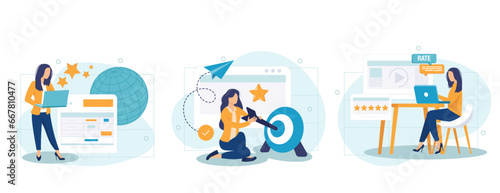 Customer behavior analysis abstract concept vector illustration set. Data driven marketing, user feedback and website rating, online survey, user data, marketing research tool abstract metaphor.	
