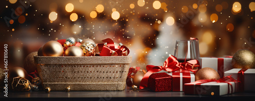 Christmas gift boxes and Christmas balls in a wicker basket on a wooden table with glasses and wine bottles against blurred lights background.